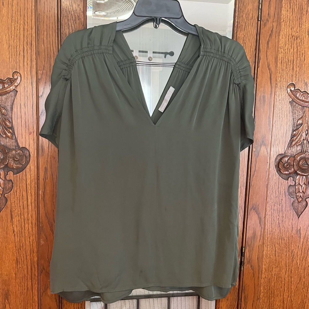 Vince Olive Green Silk V-Neck Blouse